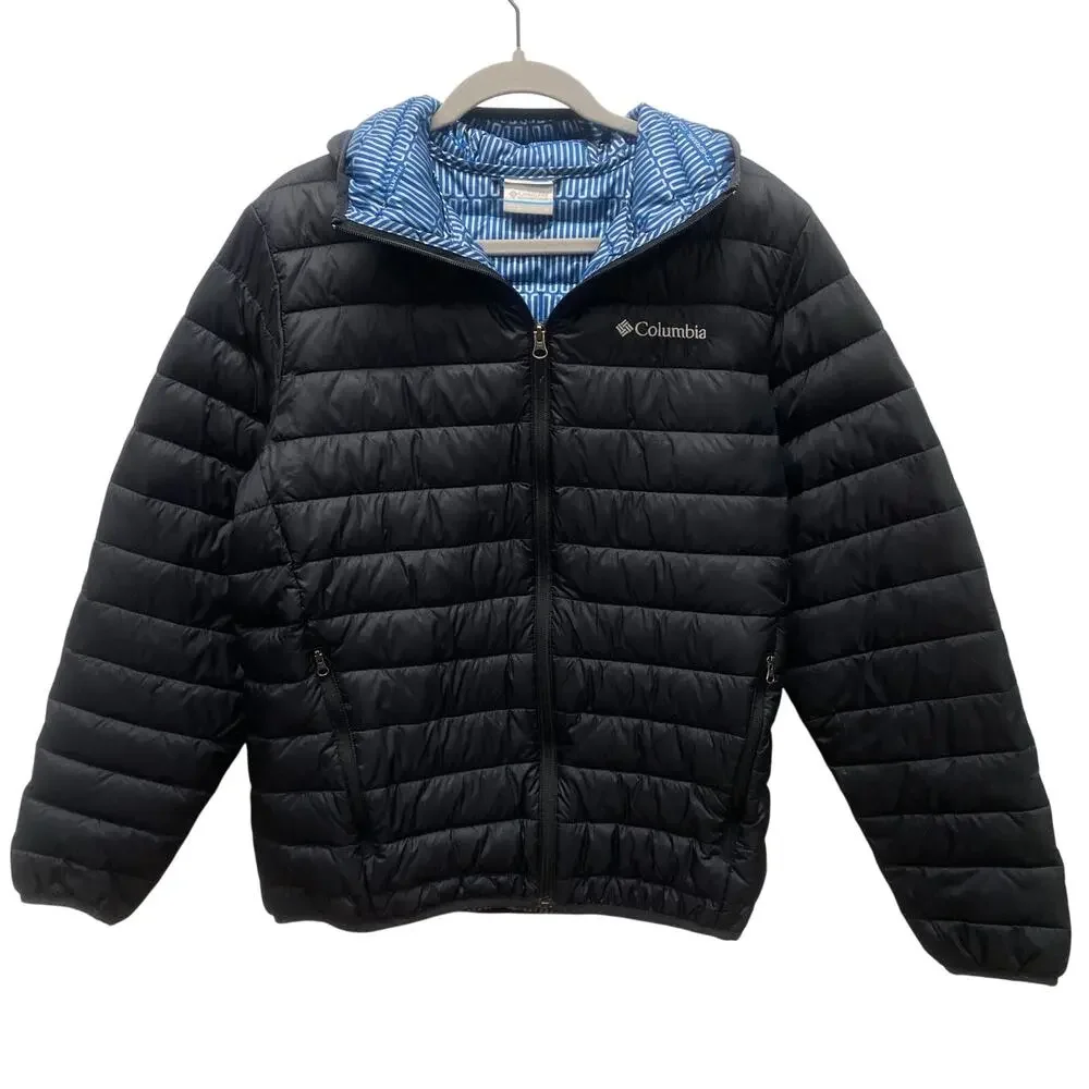 Columbia Black Puffer Jacket with Blue Lined Hood